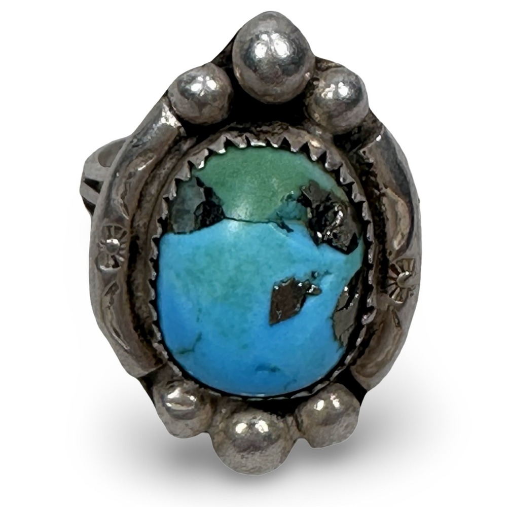 Vintage Navajo Sterling Silver Turquoise Stamped Sunburst Statement Ring